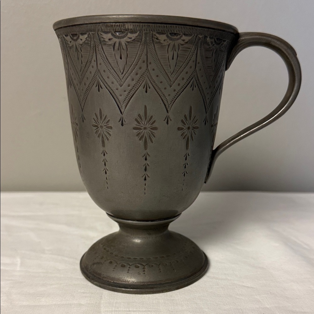 Vintage Etched Pewter Footed Tankard Mug 5.75in Floral Motif